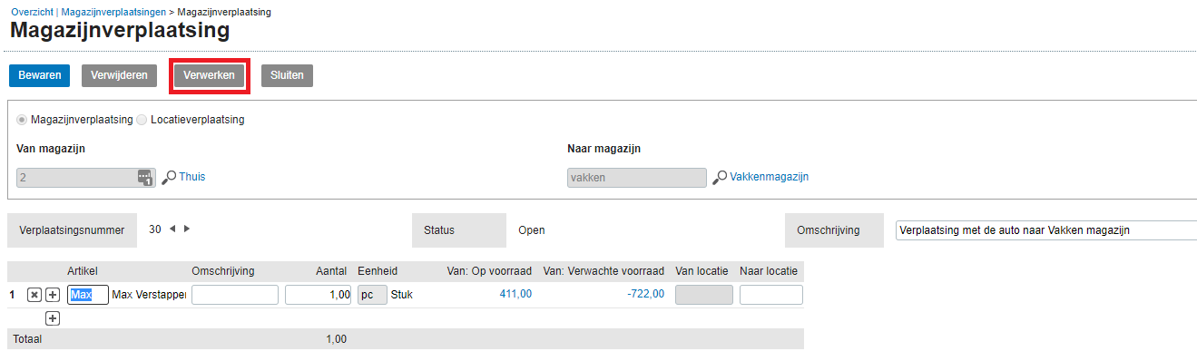 Exact Online verplaatsing verwerken