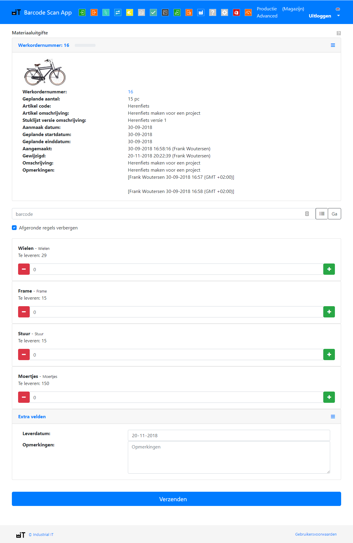 Werkorder materiaal uitgifte
