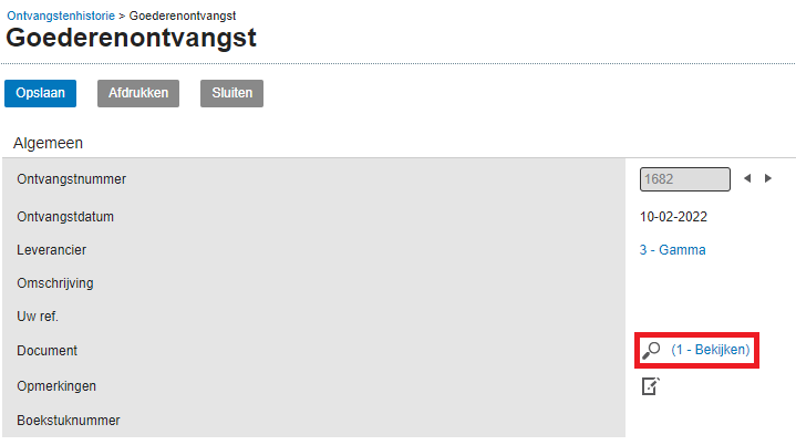 Goederen ontvangst met bewijsstuk