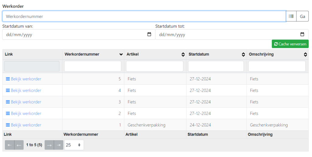 Fertigungsauftrags&uuml;bersicht Exact Online