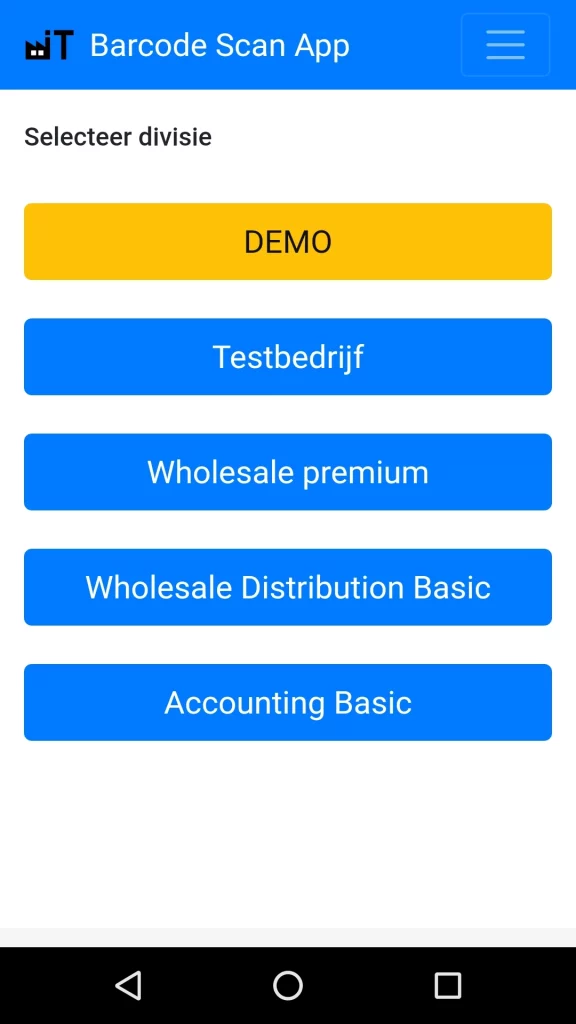 Exact Online Barcode Scanner app menu